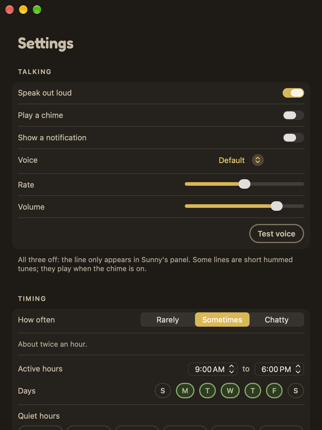 The Settings window: talking channels, voice, rate and volume, and how often Sunny talks.