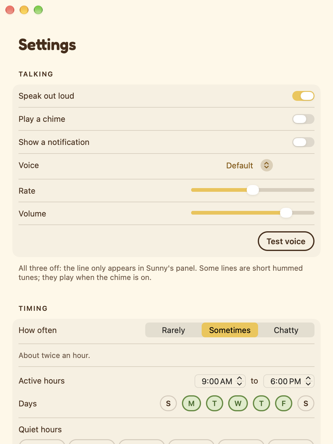 The Settings window: talking channels, voice, rate and volume, and how often Sunny talks.